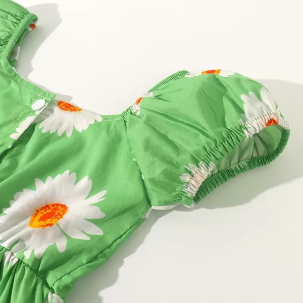 Noomelfish Girls Short Sleeve Floral Dress Casual Flower Printed Smocked Dresses 212 YearsGreen Daisy