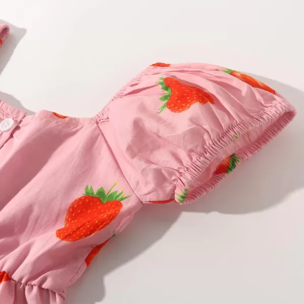 Noomelfish Girls Short Sleeve Floral Dress Casual Flower Printed Smocked Dresses 212 YearsPink Strawberry
