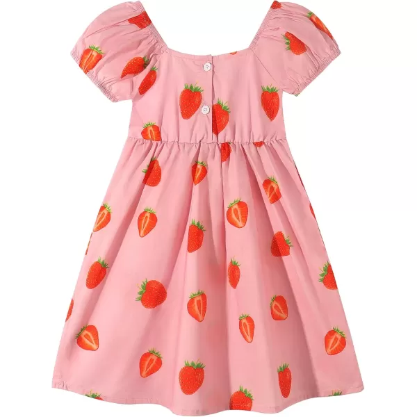 Noomelfish Girls Short Sleeve Floral Dress Casual Flower Printed Smocked Dresses 212 YearsPink Strawberry