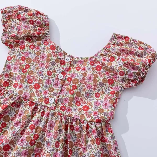 Noomelfish Girls Short Sleeve Floral Dress Casual Flower Printed Smocked Dresses 212 YearsRedBrown