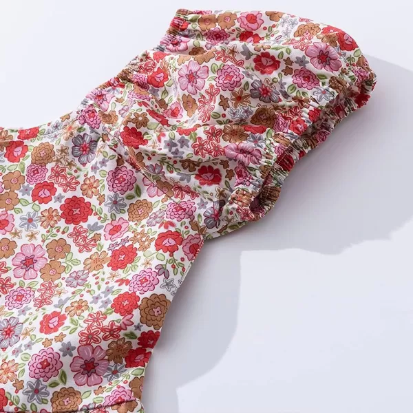 Noomelfish Girls Short Sleeve Floral Dress Casual Flower Printed Smocked Dresses 212 YearsRedBrown