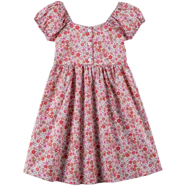 Noomelfish Girls Short Sleeve Floral Dress Casual Flower Printed Smocked Dresses 212 YearsRedBrown