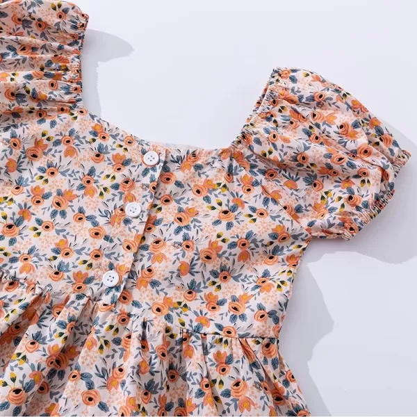 Noomelfish Girls Short Sleeve Floral Dress Casual Flower Printed Smocked Dresses 212 YearsSmall Orange