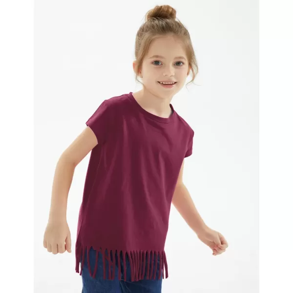 Noomelfish Girls Short Sleeve Fringe TShirts Soft Jersey Cotton Tee Tops 312 YearsBurgundy