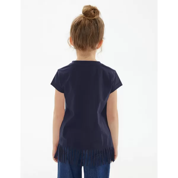 Noomelfish Girls Short Sleeve Fringe TShirts Soft Jersey Cotton Tee Tops 312 YearsNavy Blue