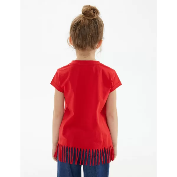 Noomelfish Girls Short Sleeve Fringe TShirts Soft Jersey Cotton Tee Tops 312 YearsRed