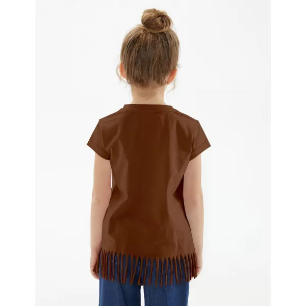 Noomelfish Girls Short Sleeve Fringe TShirts Soft Jersey Cotton Tee Tops 312 YearsRust Brown