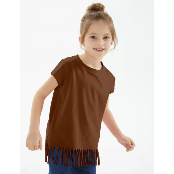 Noomelfish Girls Short Sleeve Fringe TShirts Soft Jersey Cotton Tee Tops 312 YearsRust Brown