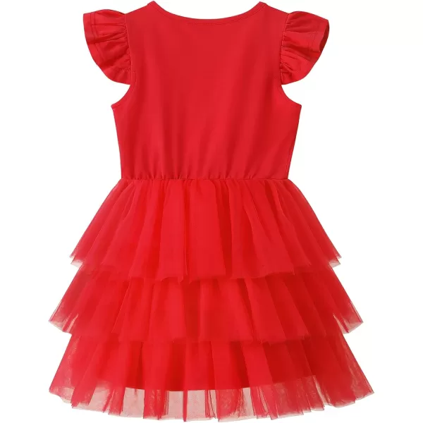 Noomelfish Girls Short Sleeve Layered Tulle Tutu Dress Ruffle Tiered Summer Princess Party Sundress 28 YearsRed