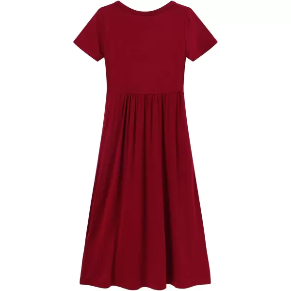 Noomelfish Girls Short Sleeve Maxi Dress Solid Color Casual Long Dresses with Pockets 412 YearsBurgundy