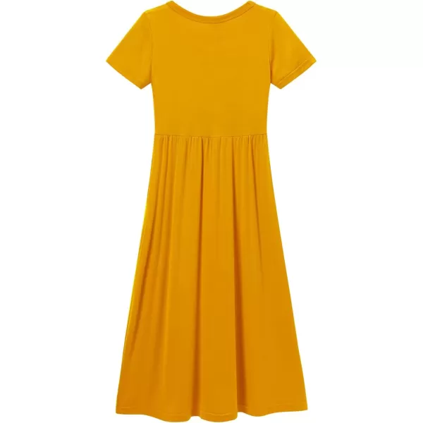 Noomelfish Girls Short Sleeve Maxi Dress Solid Color Casual Long Dresses with Pockets 412 YearsMustard