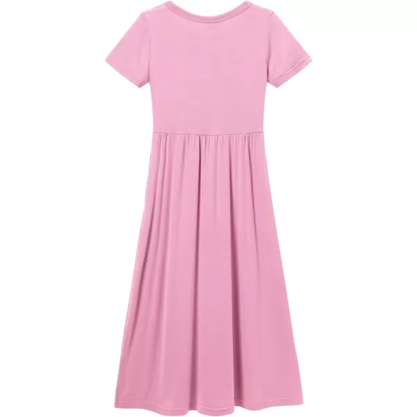Noomelfish Girls Short Sleeve Maxi Dress Solid Color Casual Long Dresses with Pockets 412 YearsPink