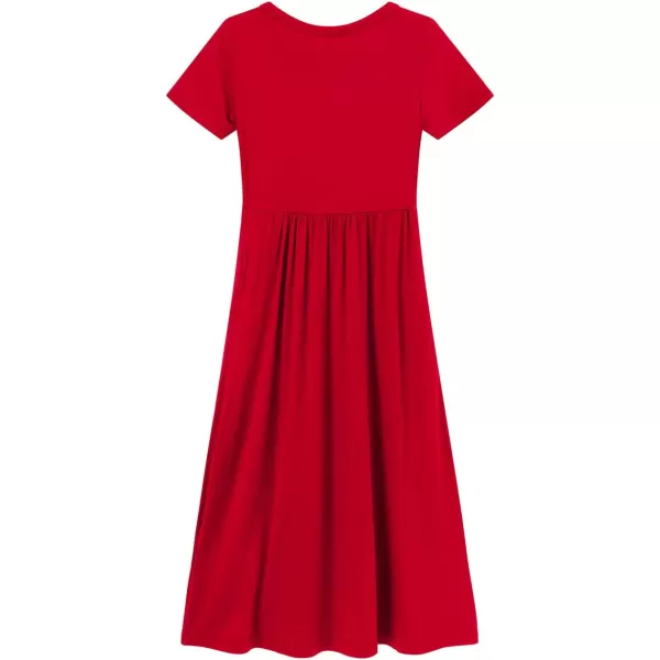 Noomelfish Girls Short Sleeve Maxi Dress Solid Color Casual Long Dresses with Pockets 412 YearsRed
