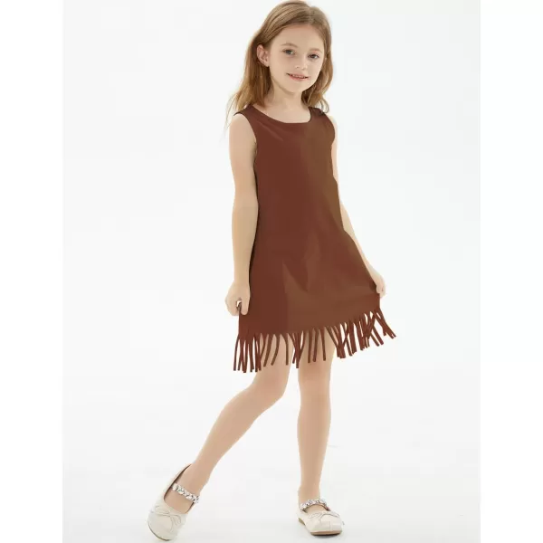 Noomelfish Girls Sleeveless Fringe Dress Cotton Summer Casual Sundress 312 YearsRust Brown