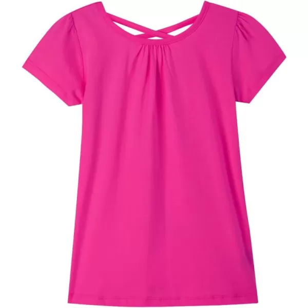 Noomelfish Girls Criss Cross Back TShirts Short Puff Sleeve Tee Tops 512 YearsHot Pink