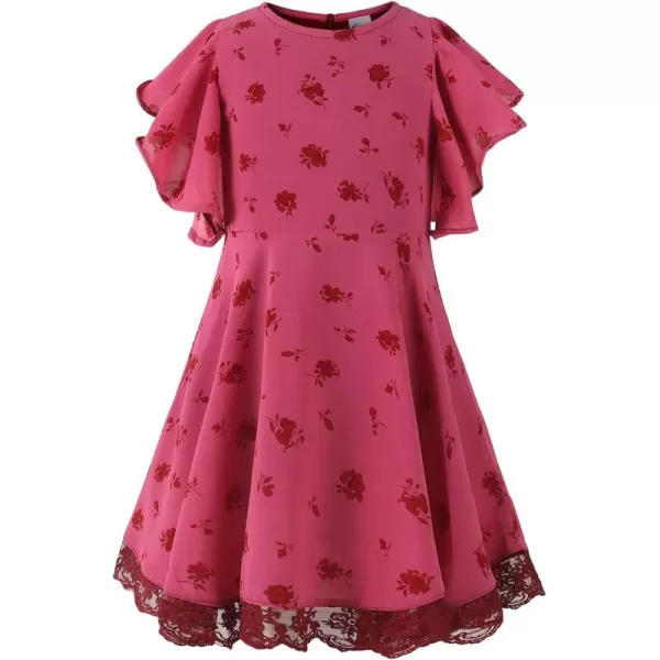 Noomelfish Girls Flutter Sleeve Floral Dress Lace Hem Casual Summer Dresses 412 YearsHot Pink