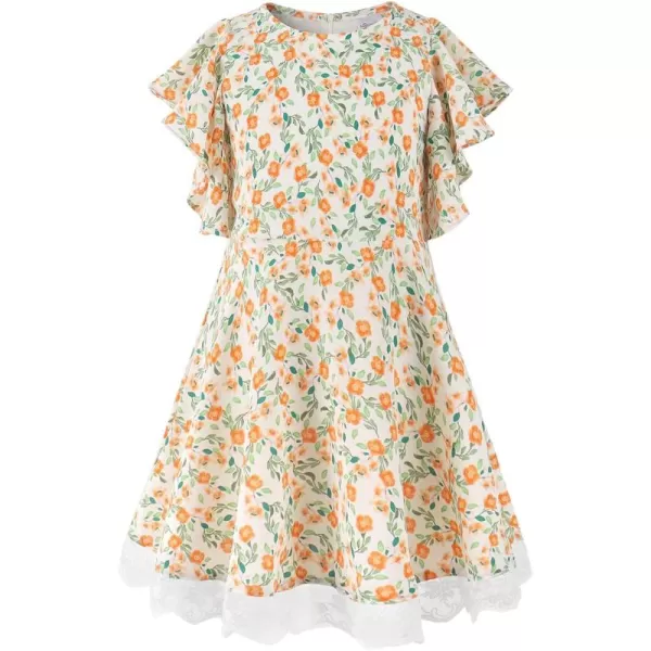 Noomelfish Girls Flutter Sleeve Floral Dress Lace Hem Casual Summer Dresses 412 YearsOrange