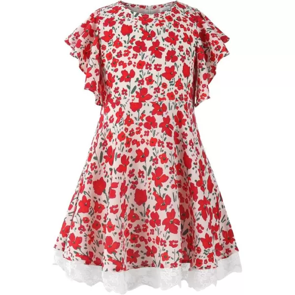 Noomelfish Girls Flutter Sleeve Floral Dress Lace Hem Casual Summer Dresses Red Size 78 Years