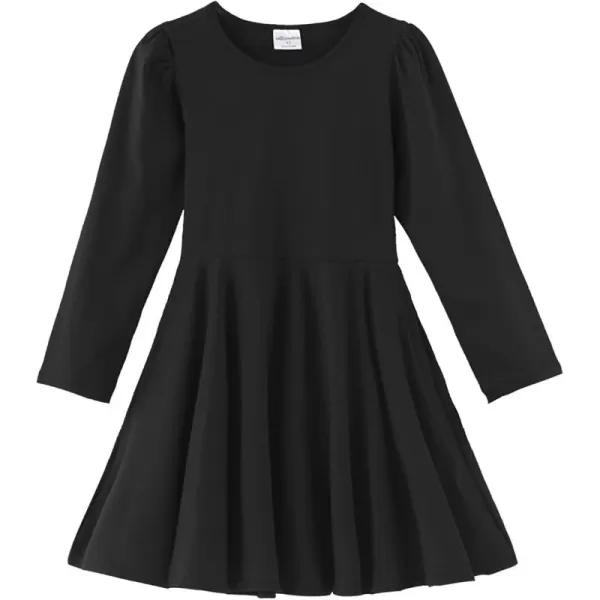 Noomelfish Girls Long Puff Sleeve Swing Dress Casual Cotton Twirly Skater Dresses with Pockets 212 YearsBlack