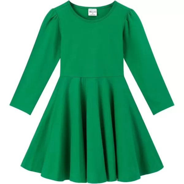 Noomelfish Girls Long Puff Sleeve Swing Dress Casual Cotton Twirly Skater Dresses with Pockets 212 YearsDark Green