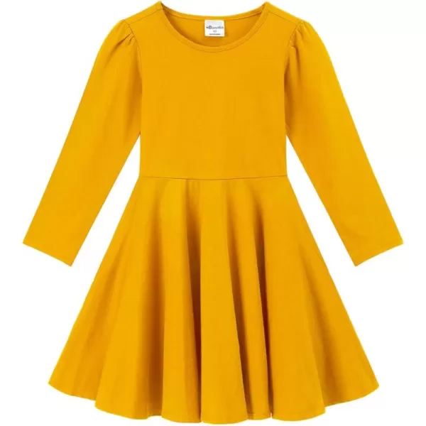Noomelfish Girls Long Puff Sleeve Swing Dress Casual Cotton Twirly Skater Dresses with Pockets 212 YearsMustard