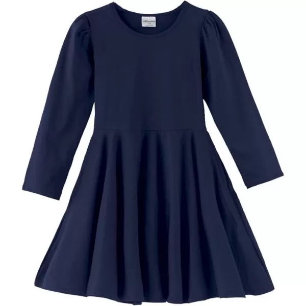 Noomelfish Girls Long Puff Sleeve Swing Dress Casual Cotton Twirly Skater Dresses with Pockets 212 YearsNavy Blue