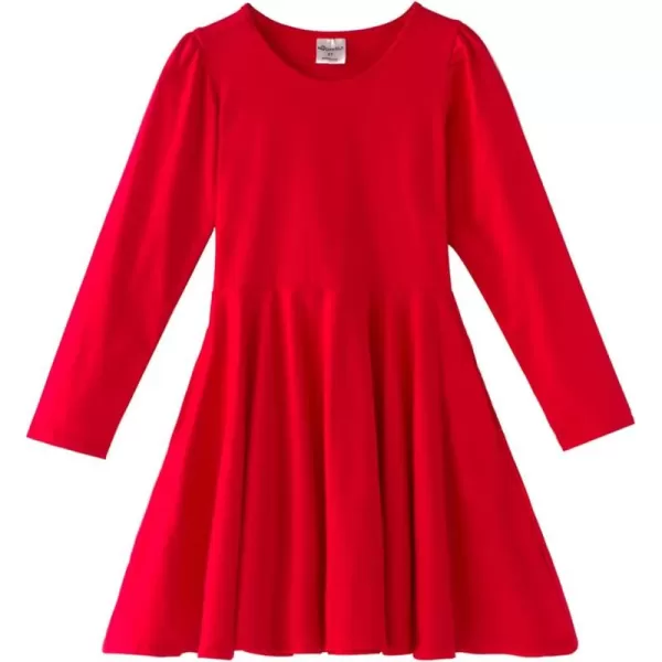 Noomelfish Girls Long Puff Sleeve Swing Dress Casual Cotton Twirly Skater Dresses with Pockets 212 YearsRed