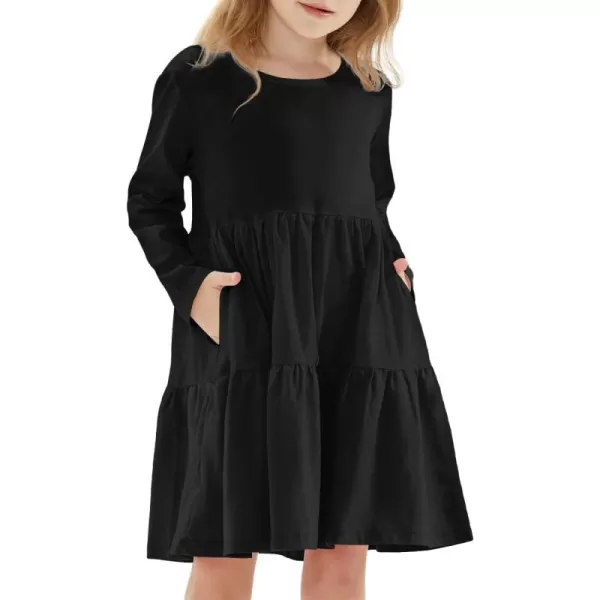 Noomelfish Girls Long Sleeve Tiered Dress Loose Flowy Ruffle Swing Dresses with Pockets 412 YearsBlack