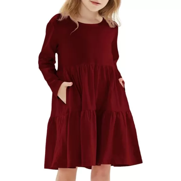 Noomelfish Girls Long Sleeve Tiered Dress Loose Flowy Ruffle Swing Dresses with Pockets 412 YearsBurgundy