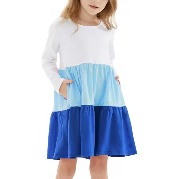 Noomelfish Girls Long Sleeve Tiered Dress Loose Flowy Ruffle Swing Dresses with Pockets 412 YearsColorblock Blue