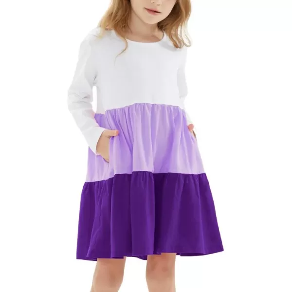 Noomelfish Girls Long Sleeve Tiered Dress Loose Flowy Ruffle Swing Dresses with Pockets 412 YearsColorblock Purple
