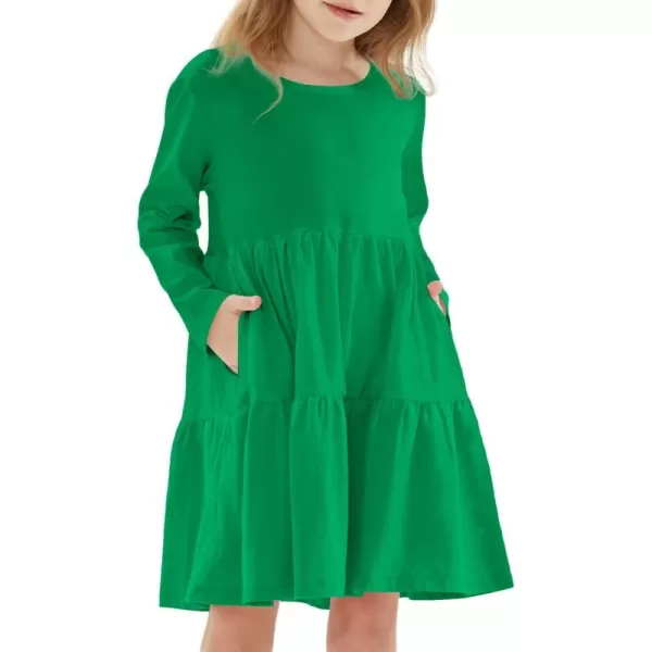 Noomelfish Girls Long Sleeve Tiered Dress Loose Flowy Ruffle Swing Dresses with Pockets 412 YearsGreen