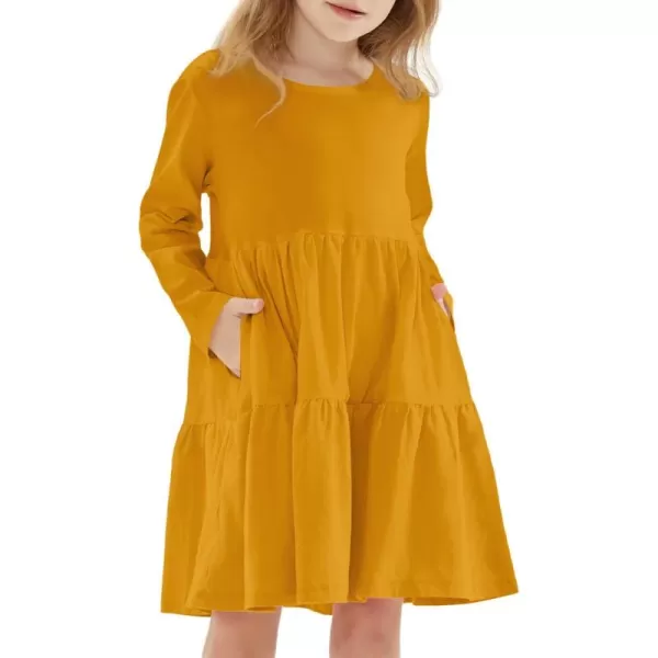 Noomelfish Girls Long Sleeve Tiered Dress Loose Flowy Ruffle Swing Dresses with Pockets 412 YearsMustard