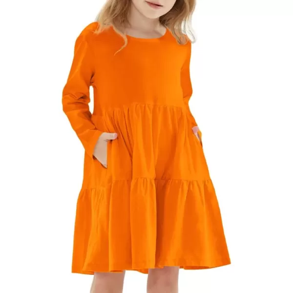 Noomelfish Girls Long Sleeve Tiered Dress Loose Flowy Ruffle Swing Dresses with Pockets 412 YearsOrange