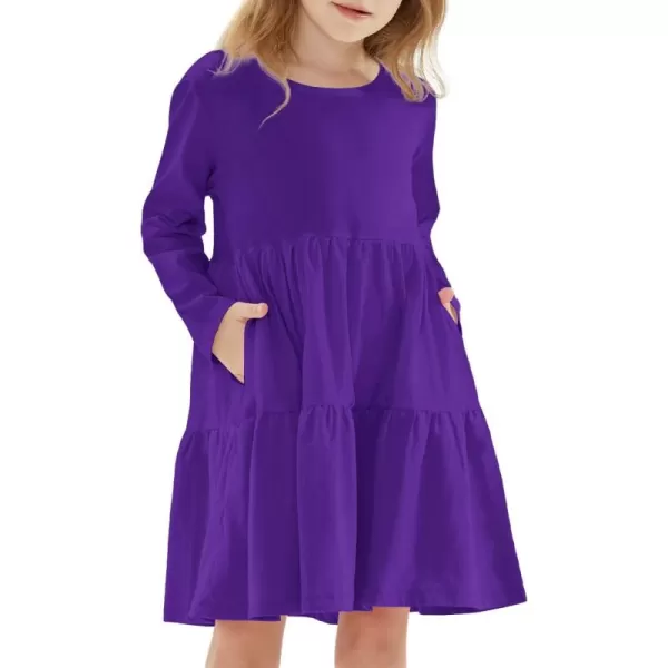 Noomelfish Girls Long Sleeve Tiered Dress Loose Flowy Ruffle Swing Dresses with Pockets 412 YearsPurple