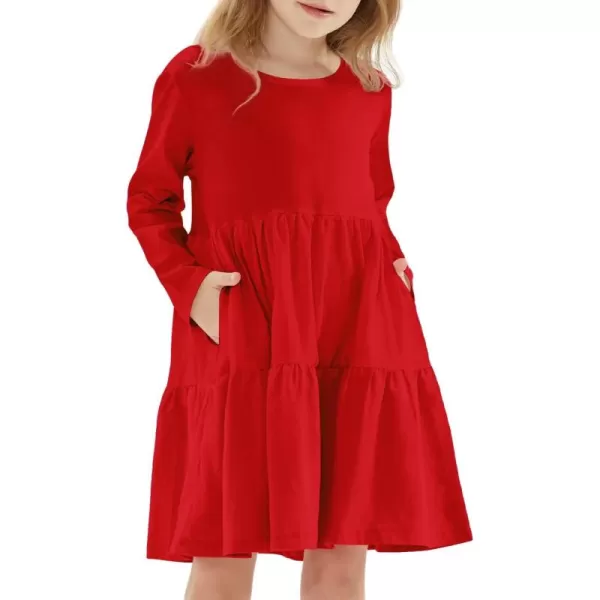 Noomelfish Girls Long Sleeve Tiered Dress Loose Flowy Ruffle Swing Dresses with Pockets 412 YearsRed