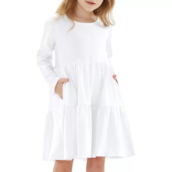 Noomelfish Girls Long Sleeve Tiered Dress Loose Flowy Ruffle Swing Dresses with Pockets 412 YearsWhite