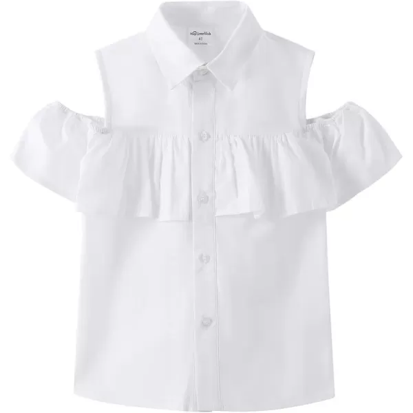 Noomelfish Girls Ruffle Cold Shoulder Top Blouse Short Sleeve Button Down Shirts 412 YearsWhite