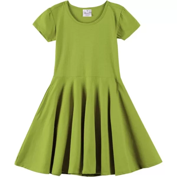 Noomelfish Girls Short Puff Sleeve Dress Summer Casual Knit Swing Twirl Skater Dresses with Pockets 212 YearsAvocado Green