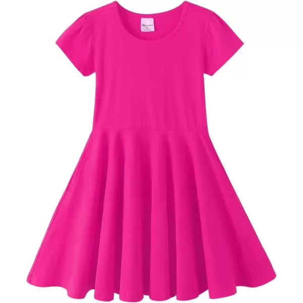 Noomelfish Girls Short Puff Sleeve Dress Summer Casual Knit Swing Twirl Skater Dresses with Pockets 212 YearsHot Pink