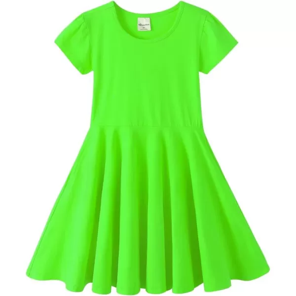 Noomelfish Girls Short Puff Sleeve Dress Summer Casual Knit Swing Twirl Skater Dresses with Pockets 212 YearsNeon Green