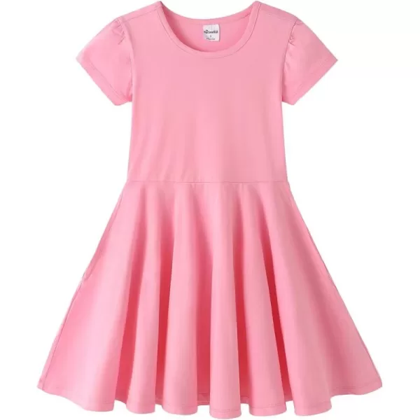 Noomelfish Girls Short Puff Sleeve Dress Summer Casual Knit Swing Twirl Skater Dresses with Pockets 212 YearsPink