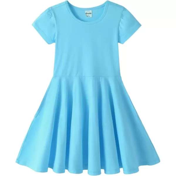 Noomelfish Girls Short Puff Sleeve Dress Summer Casual Knit Swing Twirl Skater Dresses with Pockets 212 YearsTurquoise