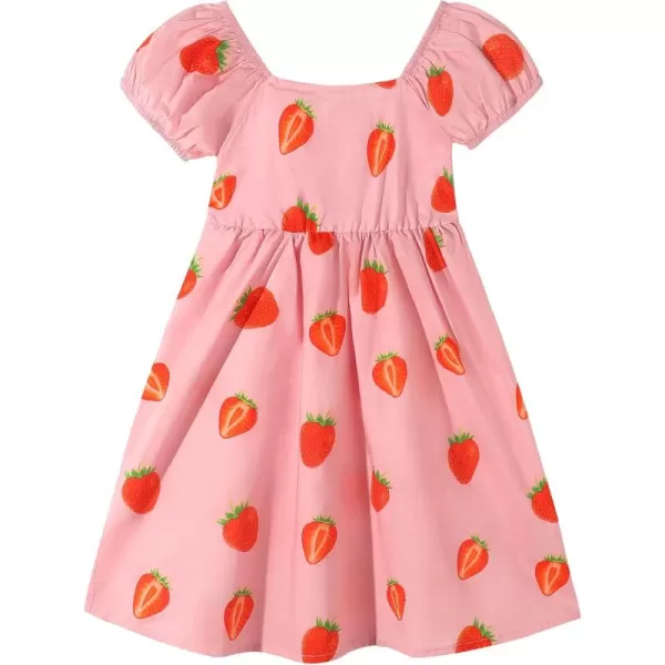 Noomelfish Girls Short Sleeve Floral Dress Casual Flower Printed Smocked Dresses 212 YearsPink Strawberry