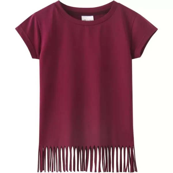 Noomelfish Girls Short Sleeve Fringe TShirts Soft Jersey Cotton Tee Tops 312 YearsBurgundy