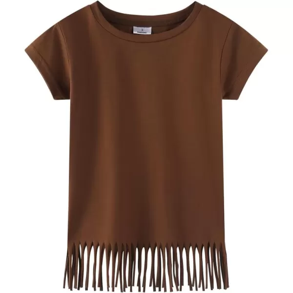 Noomelfish Girls Short Sleeve Fringe TShirts Soft Jersey Cotton Tee Tops 312 YearsRust Brown