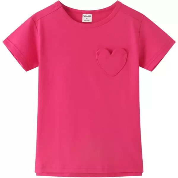 Noomelfish Girls Short Sleeve Heart Pocket Tshirts Casual Cotton Tee Tops Blouse 512 YearsHot Pink