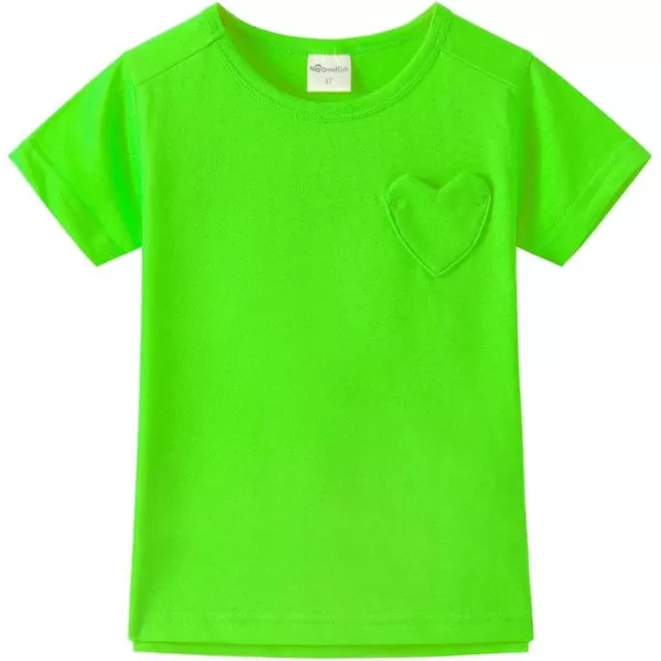 Noomelfish Girls Short Sleeve Heart Pocket Tshirts Casual Cotton Tee Tops Blouse 512 YearsNeon Green