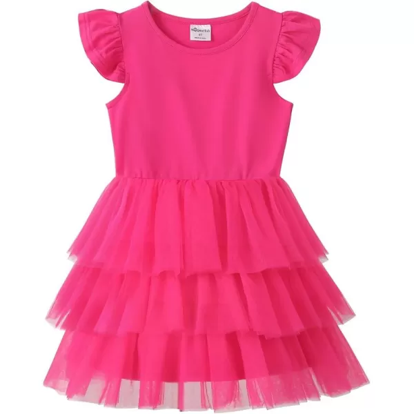 Noomelfish Girls Short Sleeve Layered Tulle Tutu Dress Ruffle Tiered Summer Princess Party Sundress 28 YearsHot Pink