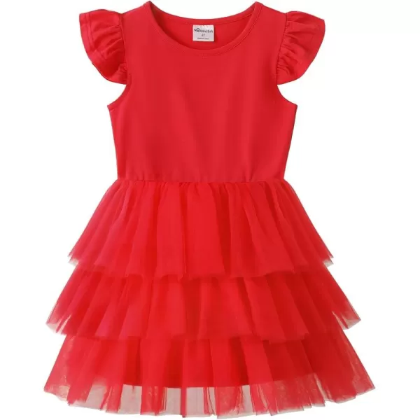 Noomelfish Girls Short Sleeve Layered Tulle Tutu Dress Ruffle Tiered Summer Princess Party Sundress 28 YearsRed